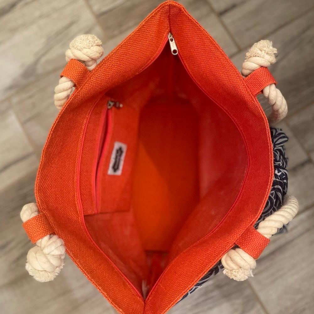 Mud Pie Orange Tote with Blue Tied Scarf Zip Pocket Inside - Picture 6 of 6